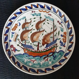 Vintage RHODES LINDOS TRINGATZIS Ship Boat Fish Greece Hand Painted Plate Decor