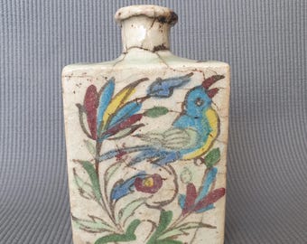 Antique ca 19th century Parsian bottle - vase / Iznik pottery, Qajar. Polychrome motifs with respectively bird, flowers and leaves