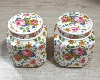 Vintage ca.1980&#39;s Sadler Olde Chintz Tea Caddies, Candy Jars, Kitchen Storage Jars, Floral Tea Box, Porcelain