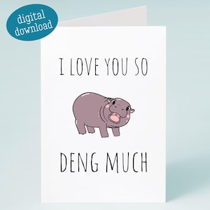 Moo Deng afdrukbare kaart cadeau voor man vriend vrouw vriendin, ik hou van jou grappige download, thuis afdrukken digitaal, baby nijlpaard, springkussen
