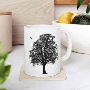 Oak Tree Mug, Left Handed Mug, Eagle Flying White Ceramic Minimalist, Man of Honor Gift for Coffee Lover Men Dad Husband Brother Birthday