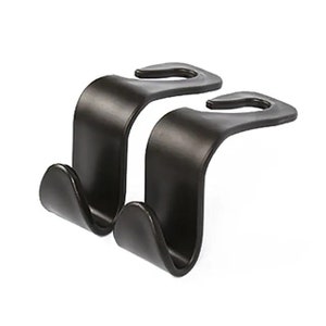 May include: Two black plastic hooks designed to hang items from the headrest of a car seat.