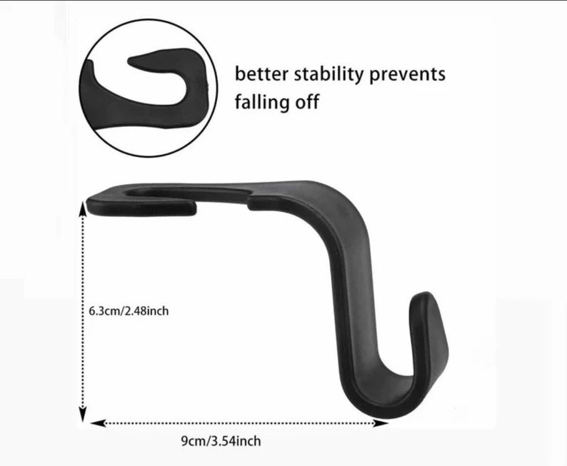 May include: Black plastic car seat hook with a 6.3 cm / 2.48 inch height and 9 cm / 3.54 inch width. The hook has a curved design to prevent items from falling off.