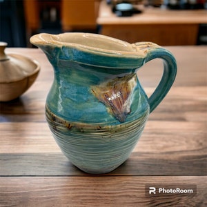 Speckled blue and green pouring pitcher, handmade.
