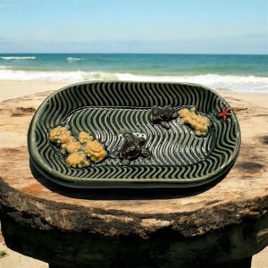 May include: An oval ceramic serving dish with a wavy black and green pattern. The dish features three small turtle figurines, coral-like shapes, and a red starfish. The dish is placed on a wooden surface with a beach and ocean background.