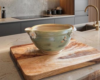 Medium dragonfly mixing bowl with spout, handmade.
