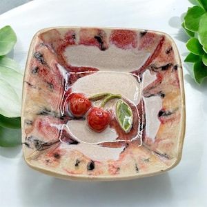 Handmade Rustic Cherry Trinket Dish | Pink & Cream Ceramic Ring Dish | 3-Inch Square
