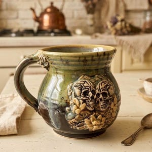 May include: A ceramic mug with a rounded body and a sturdy handle, featuring a green and brown glazed finish. The exterior is decorated with a relief sculpture of two skulls surrounded by floral elements, creating a textured surface design.