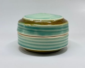 Small Lidded Jewelry dish with green glaze 3" tall. Great Valentine’s gift.