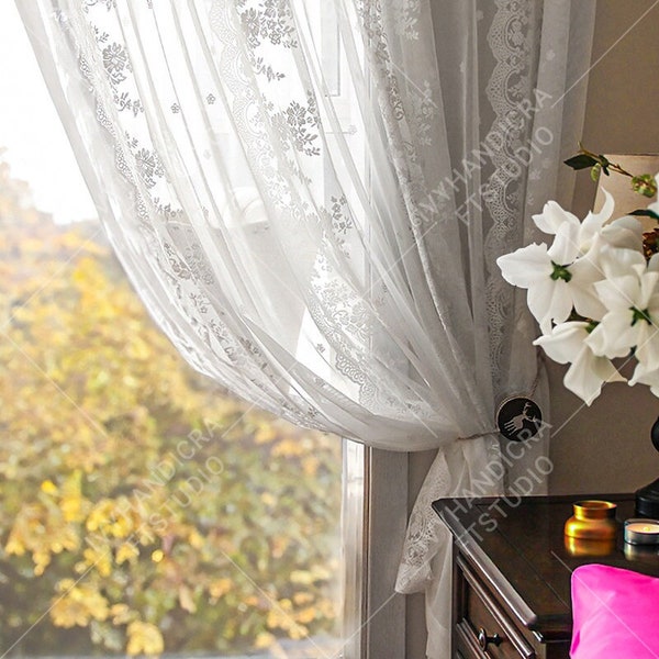 White Floral Lace Curtain For Bedroom, Elegant Semi-Sheer Drapes With Scalloped Edge,Custom Size