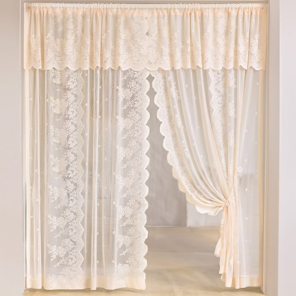 2 PCS Florals Sheer Curtains With Valance, French Style Light Filtering Drapes For Bedroom, Macrame Door Curtain