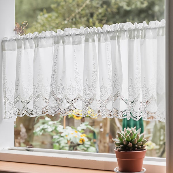 Rideaux courts brodés blancs pour la cuisine, cantonnières de rideaux de fenêtre transparentes florales Elgent