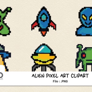 May include: Pixel art clipart featuring six different alien designs. The aliens are in various colors, including green, blue, and yellow. One alien has a single eye, while another is in a spaceship. The text "ALIEN PIXEL ART CLIPART" is displayed below the images.