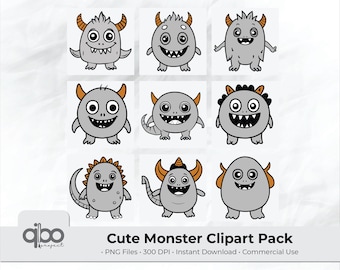 Cute Monster Clipart Pack | Black and White Line Art | 300 DPI PNG | Kawaii Monster Doodles | Instant Download | Commercial Use