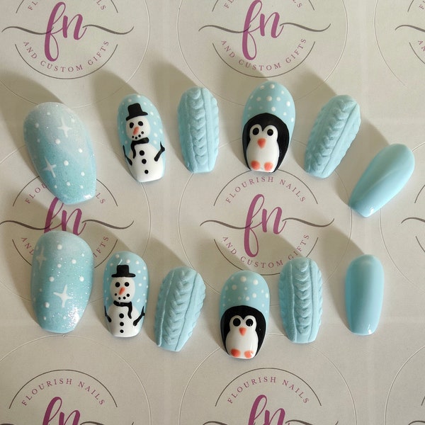 Christmas pale blue press on nails set, penguin and sweater nails design. made to order. Set of 10 false nails with mini mani set included.