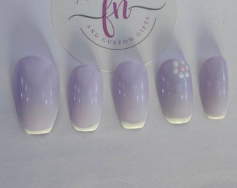 Pastel lilac nails, lilac french tip press on nails, wedding nails, spring flower press on nails, spring glue on nails, dot design nails.
