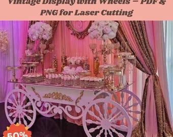 Plano de mesa de carrito de madera para bodas: Exhibición vintage con ruedas (PDF y PNG para corte láser)