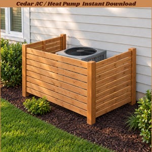 May include: A cedar wood screen enclosure for an air conditioning or heat pump unit, featuring horizontal slats and four corner posts. The text Cedar AC / Heat Pump Instant Download is displayed at the top of the image.
