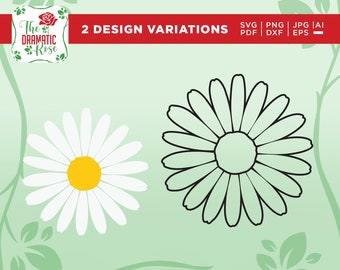 May include: Two design variations of a daisy flower. One daisy is white with a yellow center, and the other is a black outline of a daisy with a light green center.