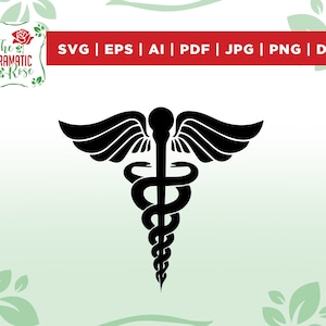 May include: A black and white silhouette of the Caduceus, a symbol associated with medicine and healing, featuring a snake wrapped around a staff with wings.