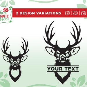 May include: Two variations of a black silhouette of a deer head with antlers. The first variation shows the deer head only. The second variation shows the deer head with the text "YOUR TEXT" below it.