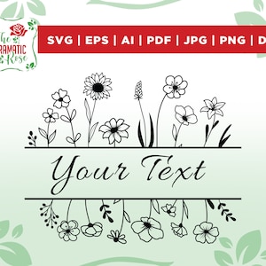 Op de afbeelding: Zwart-wit bloemenontwerp met de tekst "Your Text" in een cursief lettertype. Het ontwerp bevat een verscheidenheid aan bloemen, waaronder zonnebloemen, madeliefjes en lelies.