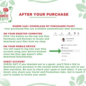 May include: A green and white graphic with the text "The Dramatic Rose" and the words "After Your Purchase". The graphic provides instructions on how to download purchased files after making a purchase on Etsy. The instructions include information for both desktop and mobile devices, as well as for guest accounts.