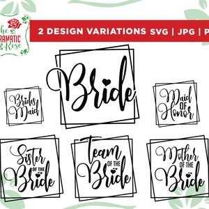 Könnte beinhalten: Sechs verschiedene Designs für die Hochzeitsgesellschaft mit schwarzem Text in einem quadratischen Rahmen. Die Designs beinhalten "Bride", "Bridesmaid", "Maid of Honor", "Sister of the Bride", "Team of the Bride" und "Mother of the Bride".