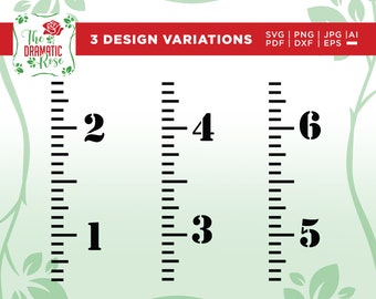 May include: Three black and white ruler designs with numbers 1-6. The rulers are set against a green background with a floral design. The text "The Dramatic Rose" is in a red box with a rose graphic.