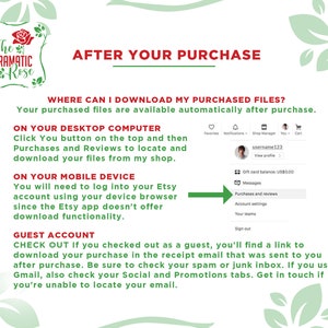 May include: A green and white graphic with the text "The Dramatic Rose" and the words "After Your Purchase". The graphic provides instructions on how to download purchased files after making a purchase on Etsy. The instructions include information for both desktop and mobile devices, as well as for guest accounts.