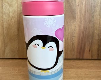 Personalized Penguin  Kids 12oz Water Bottle, One Click Pop Up Straw