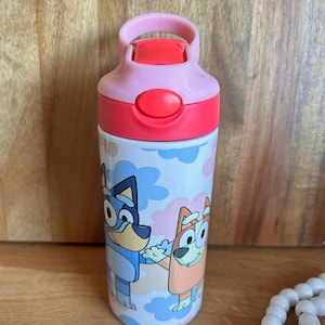Kids 12oz Water Bottle One Click Pop Up Straw Personalized with Blue and Orange Dog