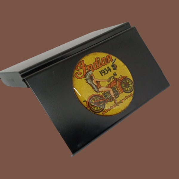 Smooth Black Motorcycle Biker Cigarette,Stash,Business Card Case with Indian Motorcycle Emblem 4" x 2.3" x .5" All Metal Construction