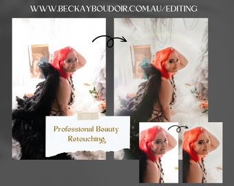 May include: Before and after photo showing professional beauty retouching. The image on the left shows a woman with red hair wearing a black feathered boa. The image on the right shows the same woman with retouched skin and hair.