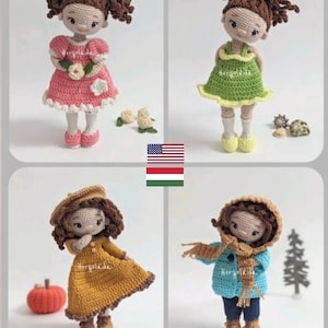 May include: Four crocheted dolls with brown hair and different outfits. The dolls are wearing a pink dress, a green dress, a yellow dress, and a blue coat with a scarf.
