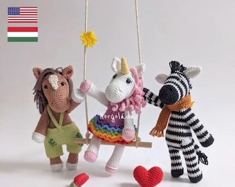 Zia, Zack, and Zeno. 3 in 1 crochet pattern, amigurumi unicorn, horse and zebra pattern, PDF pattern in English and Hungarian
