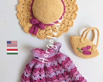 Crochet doll clothes pattern. Outfit for Sophie. Amigurumi doll outfits pattern for a doll 28 cm (English, Hungarian)