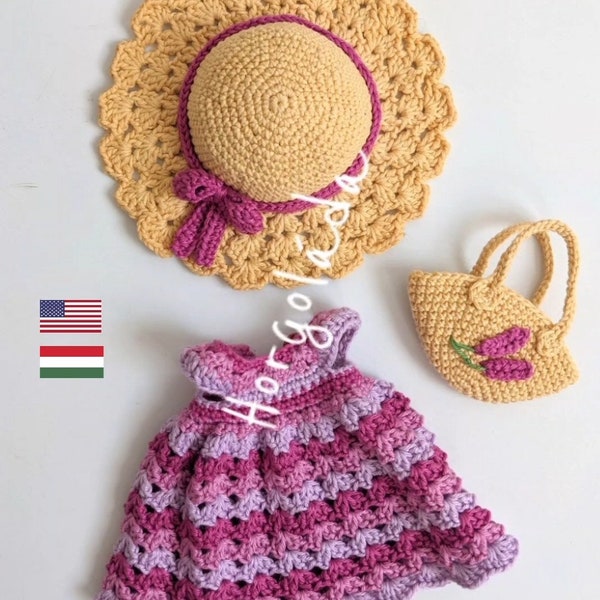 Outfit for Sophie Crochet Pattern. Amigurumi doll outfits pattern for a doll 28 cm (English, Hungarian)