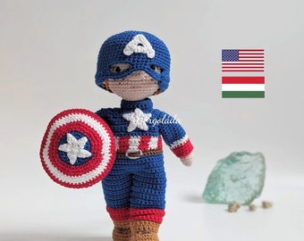 BENNY in Captain America costume Crochet doll pattern, amigurumi doll pattern, PDF English/Hungarian