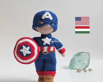 BENNY in Captain America costume Crochet doll pattern, amigurumi doll pattern, PDF English/Hungarian