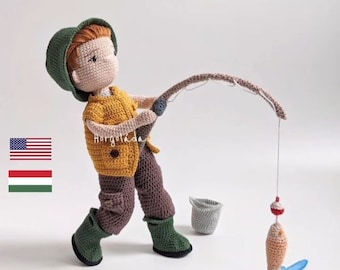 Oliver is fishing crochet pattern, amigurumi fisherman doll pattern, PDF English/Hungarian