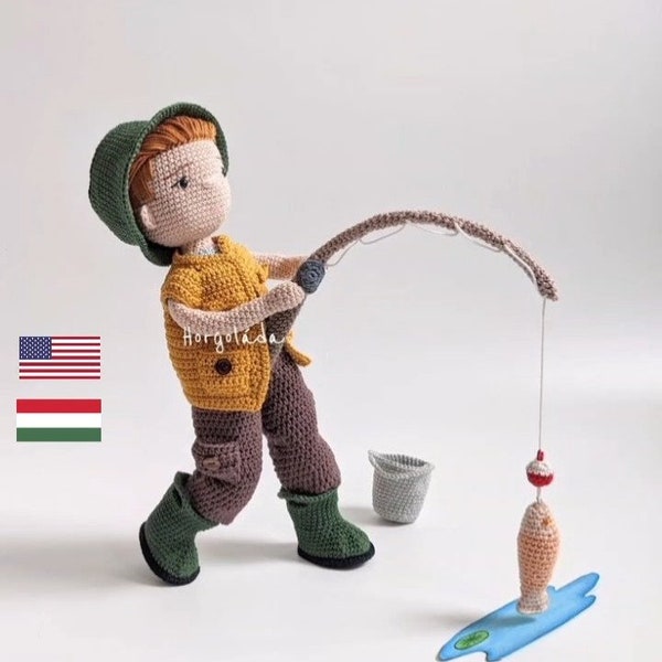 Oliver is fishing crochet pattern, amigurumi fisherman doll pattern, PDF English/Hungarian