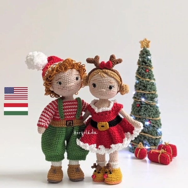 Christmas pattern pack and a gift with the Christmas tree. Crochet doll pattern pack, amigurumi doll pattern pack. PDF English/Hungarian