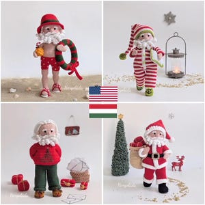 May include: Four crochet Santa Claus dolls in various outfits: one in beachwear with a wreath, one in striped pajamas, one in a red sweater with green pants, and one in a traditional red suit carrying a sack of gifts.