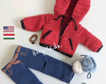 Wzory ubranek dla lalek na szydełku. Strój dla Olivera. Ubranko dla lalki Amigurumi wzór dla lalki 32 cm. (PDF angielski/węgierski)