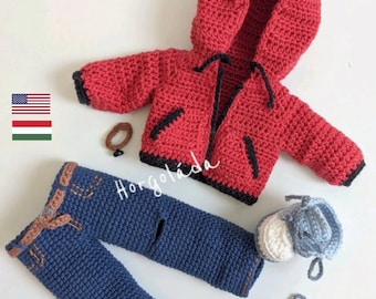 Crochet doll clothes patterns. Outfit for Oliver. Amigurumi doll outfits pattern for a doll 32 cm. (PDF English/Hungarian)