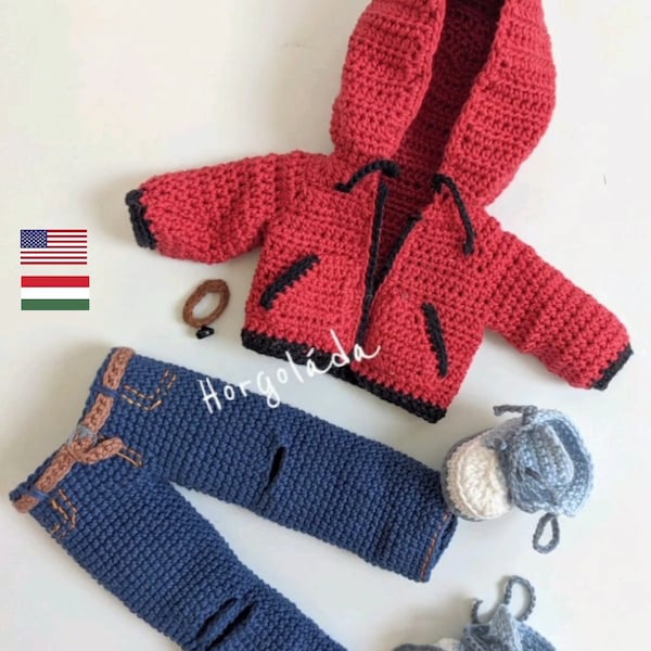 Modèles de vêtements de poupée au crochet. Tenue pour Oliver. Patron de tenues de poupée Amigurumi pour une poupée de 32 cm. (PDF anglais/hongrois)