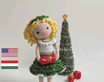 SOPHIE  in Christmas outfit a gift with the Christmas tree pattern. Crochet doll pattern, amigurumi doll pattern, PDF in English/Hungarian
