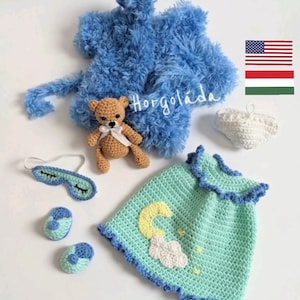 Crochet doll clothes pattern. Outfit for Sophie. Amigurumi doll outfits pattern for a doll 28 cm (English, Hungarian)
