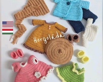 Gehaakt patroon voor poppenkleding. Outfit voor Julie.Amigurumi poppenoutfits patroon voor een pop 20 cm (Engels, Hongaars)